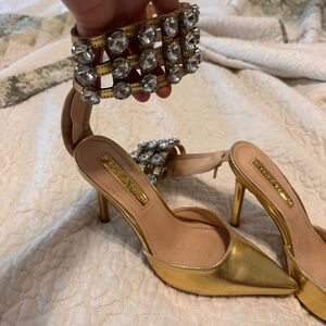 Fashion Nova Gold Heels with Rhinestone Accents